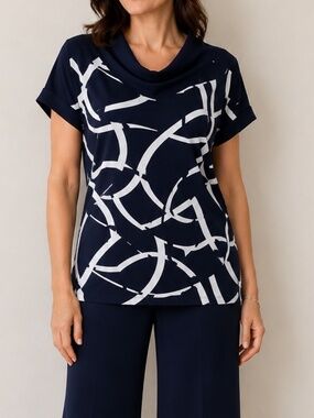 NWT Joseph Ribkoff Size 14 Midnight Blue/Vanilla Abstract Geometric Cowl NeckTop